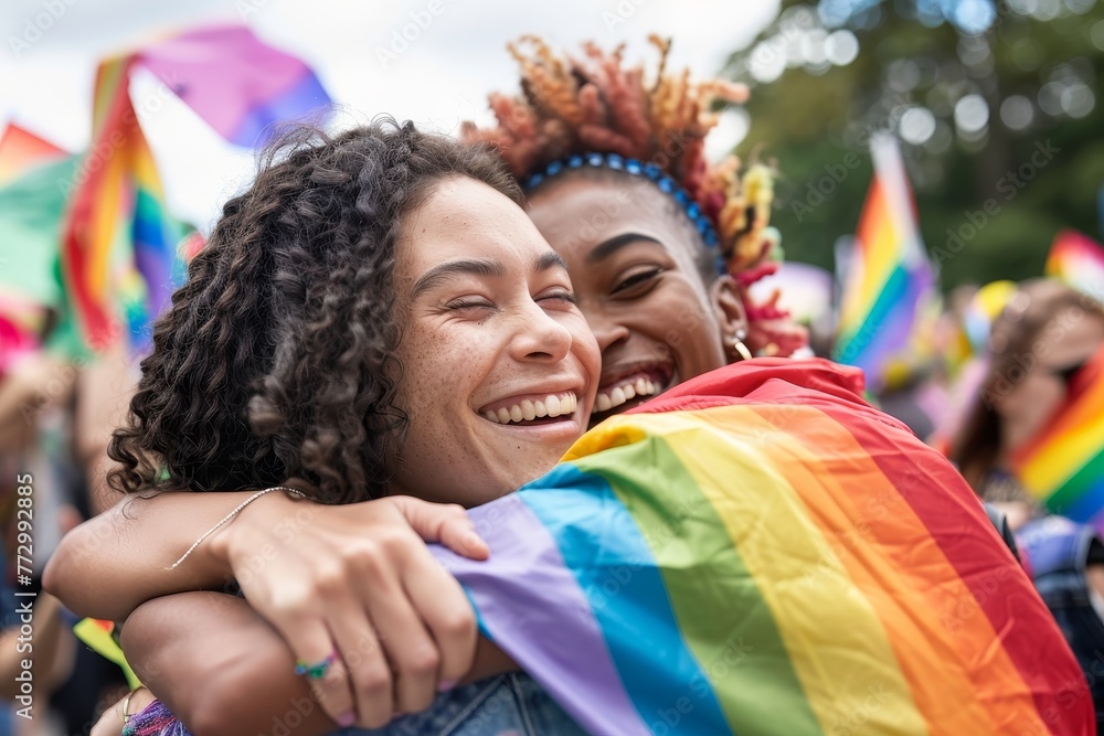 Embrace of Joy: Friends Celebrating at a Pride Parade