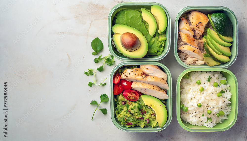 Healthy meal containers with chicken, rice, avocado and vegetable, healthy lifestyle and diet Healthy meal containers with chicken, rice, avocado and vegetable, healthy lifestyle and diet