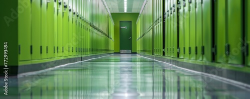 Row of green lockers in a hallway
