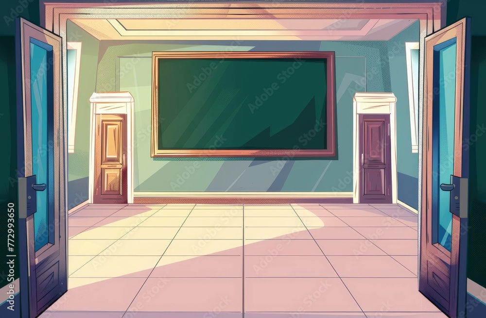 Colorful Empty Cartoon School Classroom Illustration with Blackboard