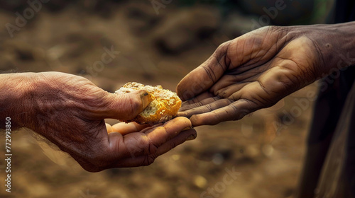 A close-up of hands exchanging a small piece of bread, capturing the essence of sharing and survival in a community stricken by poverty. photo