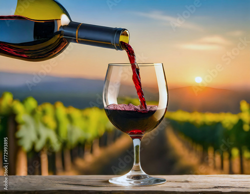 pouring red wine into glass in a vineyard at sunset