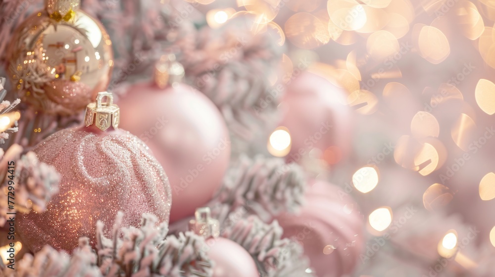 Close-up of pink Christmas ornaments on a frosted tree with glowing lights Close-up of pink Christmas ornaments on a frosted tree with glowing lights