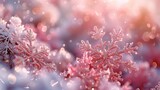 Close-up of frosty snowflakes with bokeh background