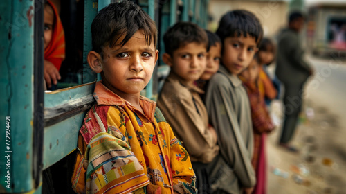 A line of children waiting for a school bus, one among them wearing rushed, patchwork clothes, a silent testimony to the resilience required in the face of poverty. photo