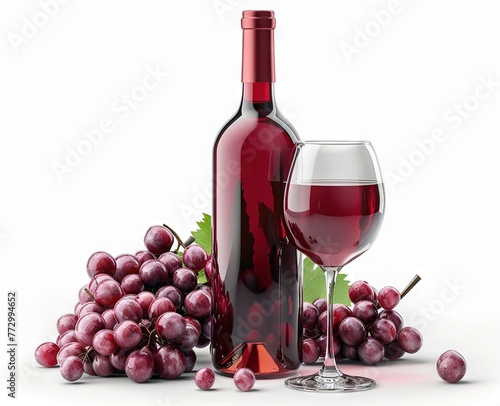 Red wine bottle and glass with grapes isolated on a white background, detailed illustration