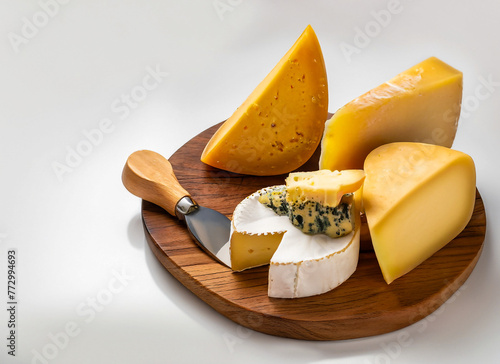 cheeses on a wooden board with a cheese knife