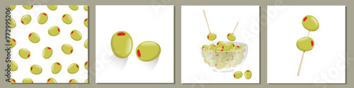 Vector olive designs set collection. Green olives stuffed with peppers. Pickled olives with Leaves seamless pattern and different isolated elements of olive fruits. Pepper Stuffed Olives Appetizer.