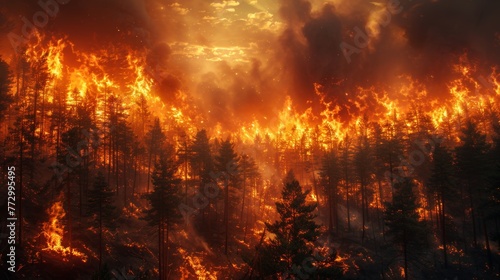 Intense forest fire with orange flames and smoke