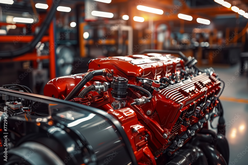 Fototapeta premium A detailed view of a vibrant red engine within a manufacturing plant, showcasing mechanical components and industrial machinery in the background
