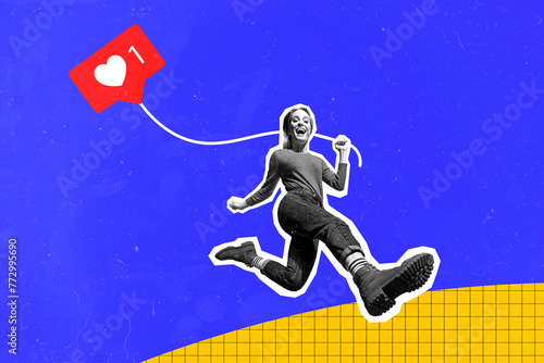 Collage image artwork of joyful positive happy girl popular blogger running hurrying moving fast isolated on drawing background