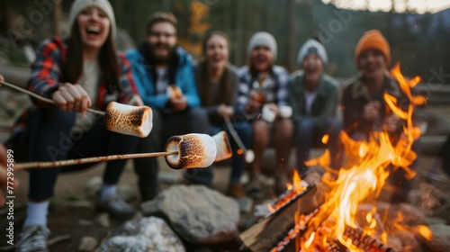A group of friends roasting marshmallows over a campfire, with laughter and smiles filling the air. 