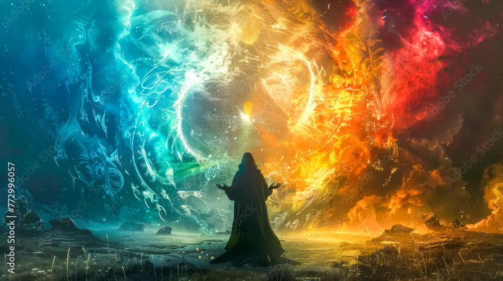 Cloaked figure conjures vibrant, multi-colored elemental forces in a mystical landscape