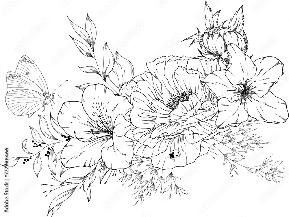 Hand drawn peony flowers alongside two lily and a butterfly with leaves and branches.