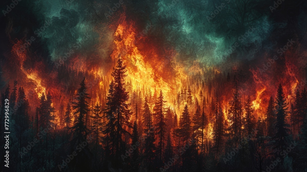 Forest fire at night with vibrant flames Forest fire at night with vibrant flames