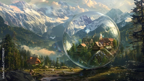 Fantasy Village in a Bubble A Whimsical Artwork of a Town in a Glass Bubble Generative AI