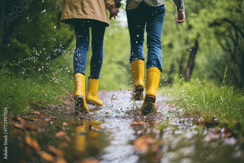 happy couple running through puddles in rubber boots on a rainy summer day.  close-up splash of a puddle