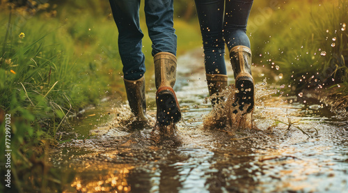happy couple running through puddles in rubber boots on a rainy summer day. close-up splash of a puddle