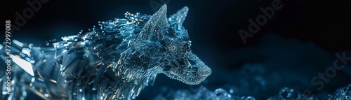 A dog made of crystal, under moonlight, topdown view, shimmering with a bluish tint , 3D render