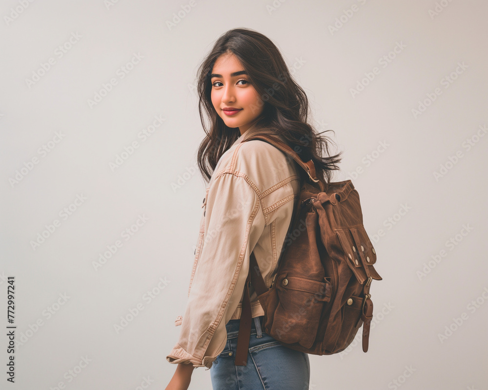 a beautiful college girl in a casual yet stylish outfit with a backpack a beautiful college girl in a casual yet stylish outfit with a backpack