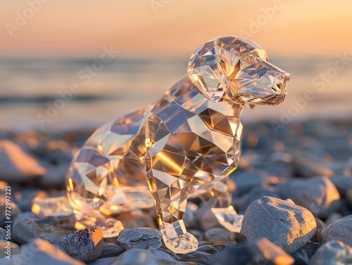 Crystal dog on a rocky beach at sunset, threequarter view, warm colors, soft light , 3D render photo