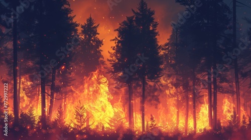 Forest fire at night with vibrant flames © iVGraphic