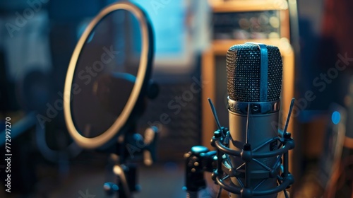 Professional Microphone in Studio  Podcast and Broadcasting Concept