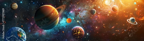 Holographic solar system in classroom, planets orbiting, kids watching, bright colors, panoramic shot ,