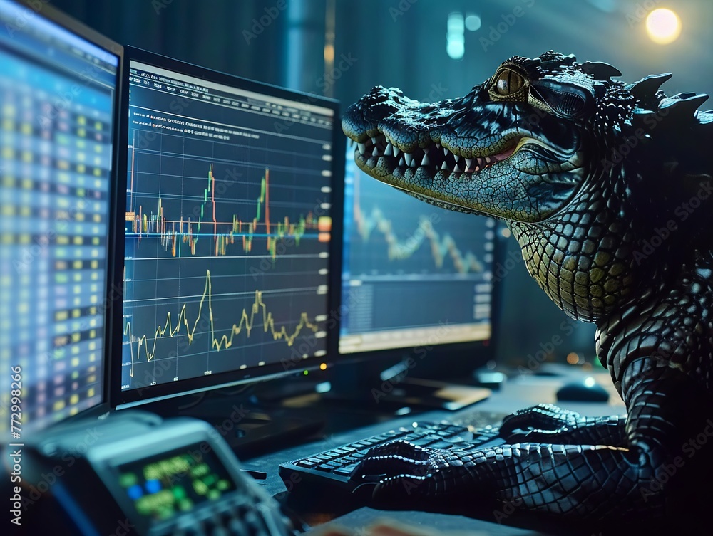 Crocodile navigating stock market graphs, dual monitors, backlit, medium shot, intense, focused environment , teleport - obrazy, fototapety, plakaty 