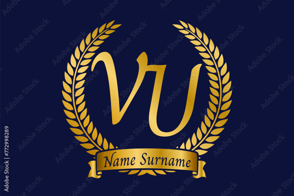 Initial letter V and U, VU monogram logo design with laurel wreath. Luxury golden calligraphy font.