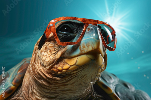 A mint green turtle wearing sunglasses  basking under a sunlamp on a mint background.