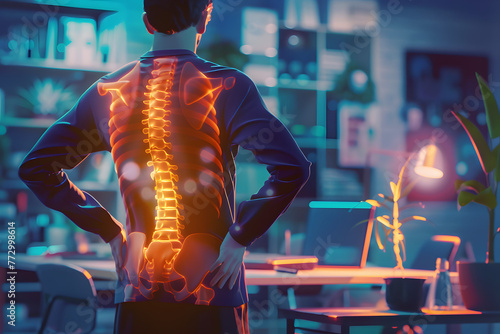 Back pain visualized in augmented reality, old man suffering from crippling back pain, chronic pain visualized as red lines shooting out of the spine.