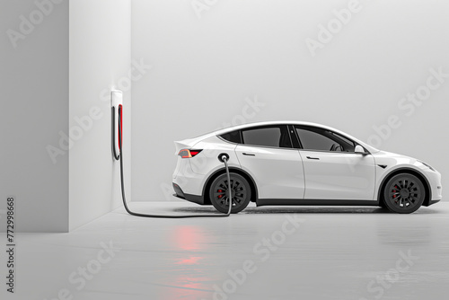 Minimalist concept of an car being charged at the garage with black charging cable, EV charger © Filip