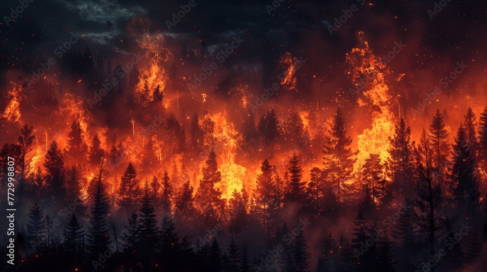 Intense wildfire in a forest at night