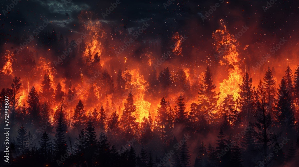 Fototapeta premium Intense wildfire in a forest at night
