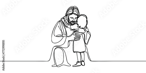 continuous one line drawing of Jesus Christ hugging a child. Vector illustration.