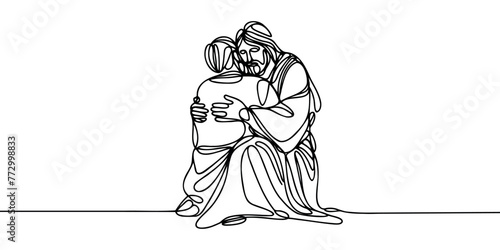 One continuous line draws Jesus hugging a sinner