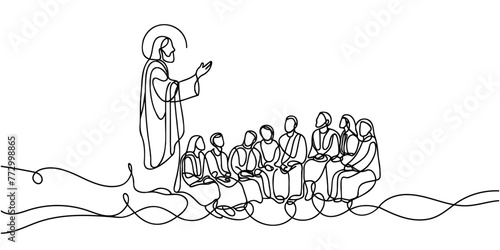 One continuous line drawing of Jesus preaching to a crowd of people.