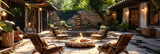 Summer oasis in the backyard, a stylish outdoor garden with cozy fire pit seating, perfect for evening relaxation