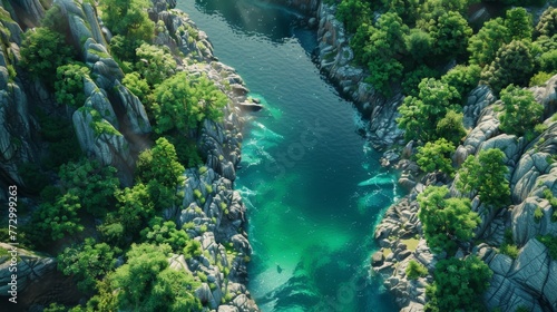 Serene River Gorge Surrounded by Lush Greenery, symbolizing tranquility and natural beauty © R Studio