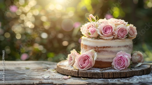 Beautiful cake decorated with pink roses on a wooden stand