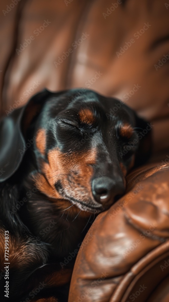 Sleeping dachshund on a brown leather couch Sleeping dachshund on a brown leather couch