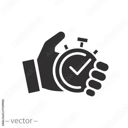 testing time icon, instant unit, stopwatch in hand, check quick, flat symbol on white background - editable stroke vector illustration