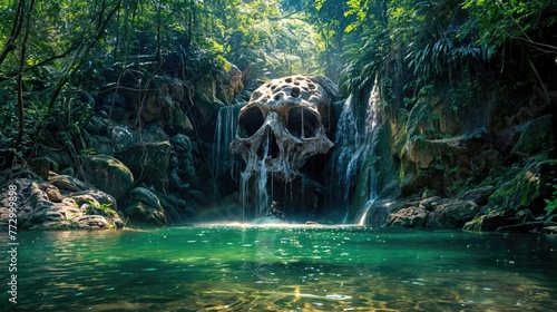 A waterfall with a skull shape on a rock in the middle  surrounded by a dense forest