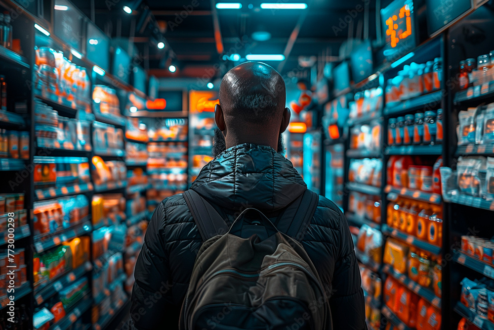 A man from behind walking and viewing rows of products on shelves in a supermarket. A man from behind walking and viewing rows of products on shelves in a supermarket.