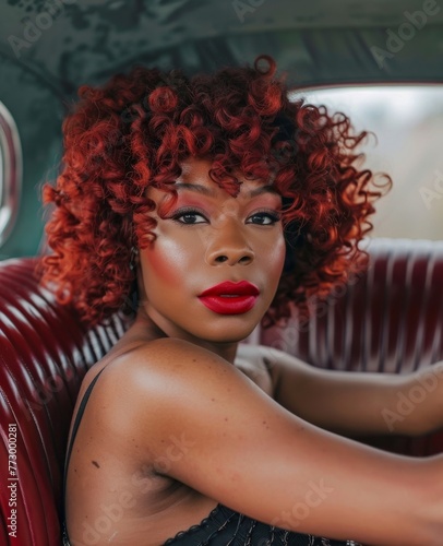 Stylish woman with red hair driving vintage car. This compelling image shows a stylish woman with fiery red curly hair gripping the steering wheel of a classic car photo
