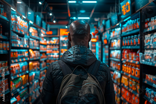 A man from behind walking and viewing rows of products on shelves in a supermarket. photo