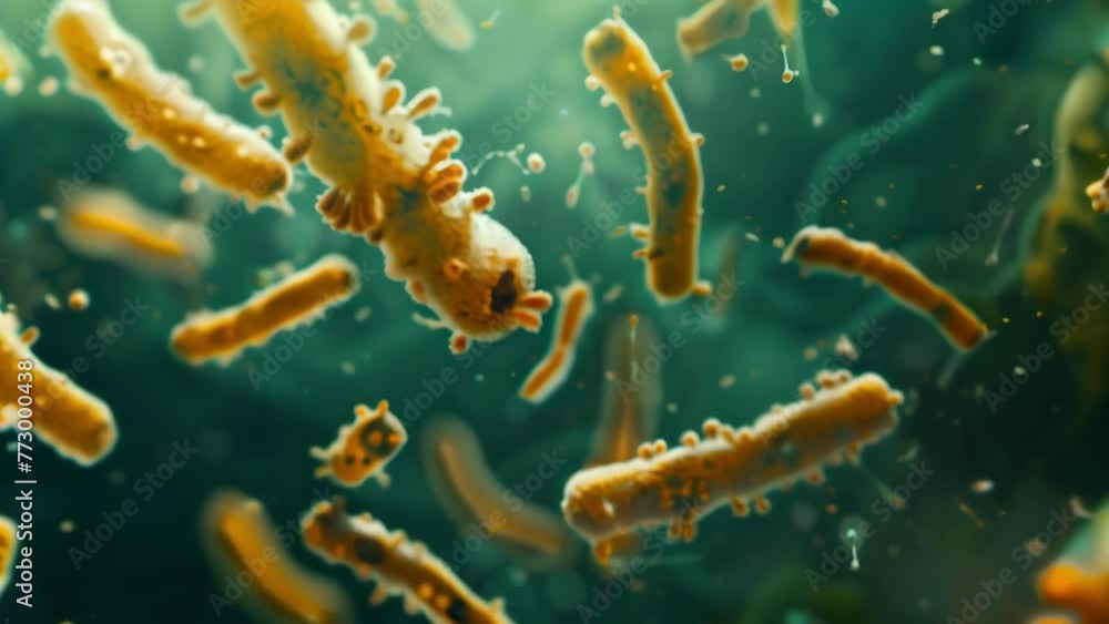 A microscopic view of a bacterial biofilm community on an underwater surface. Individual bacteria cells can be seen clearly with some . AI generation.