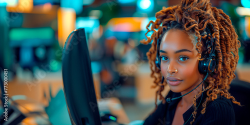 Young woman with headphones working in a vibrant office setting.