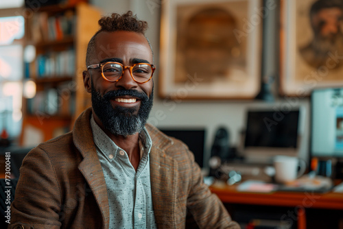 Confident african american male professional with a beard in a well-lit office.